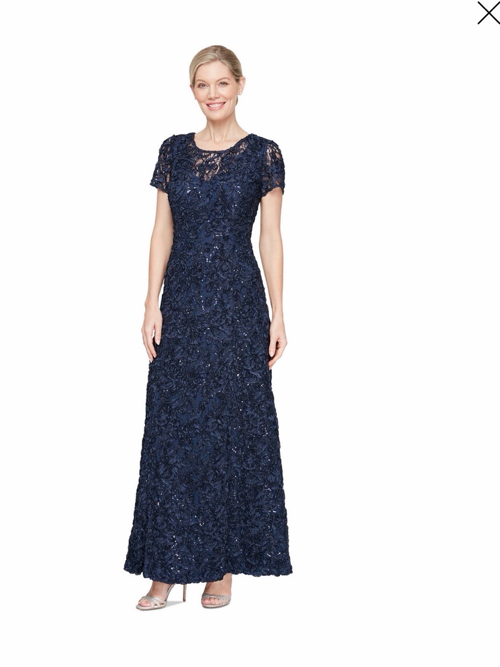 Alex Evenings Navy Blue Lace Maxi Dress with Satin Waist